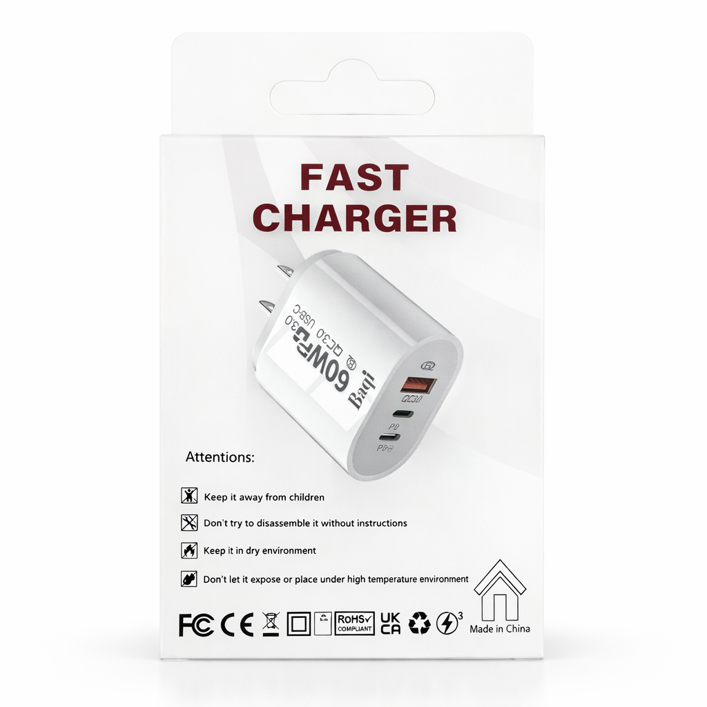 60W PD 3.0 Fast Charging Wall Charger – USB-C & QC 3.0 Power Adapter