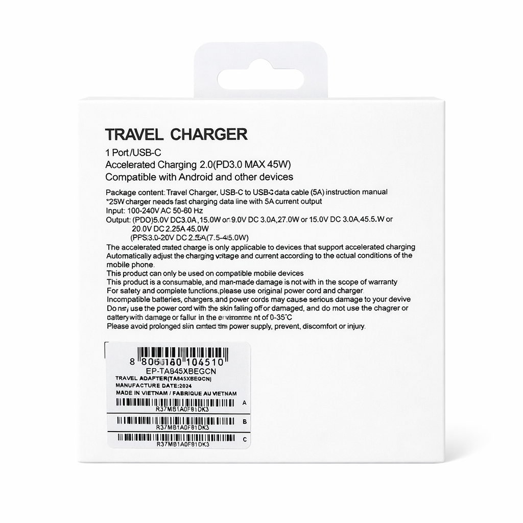 45W USB-C Fast Charger + 5A Cable – PD 3.0 Super Fast Wall Adapter