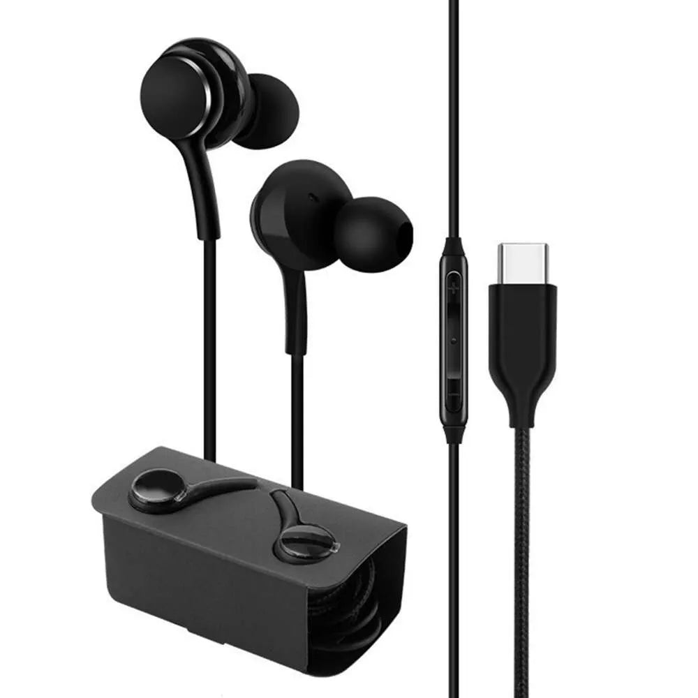 USB-C Earbuds Earphones Stereo Braided Cable Black
