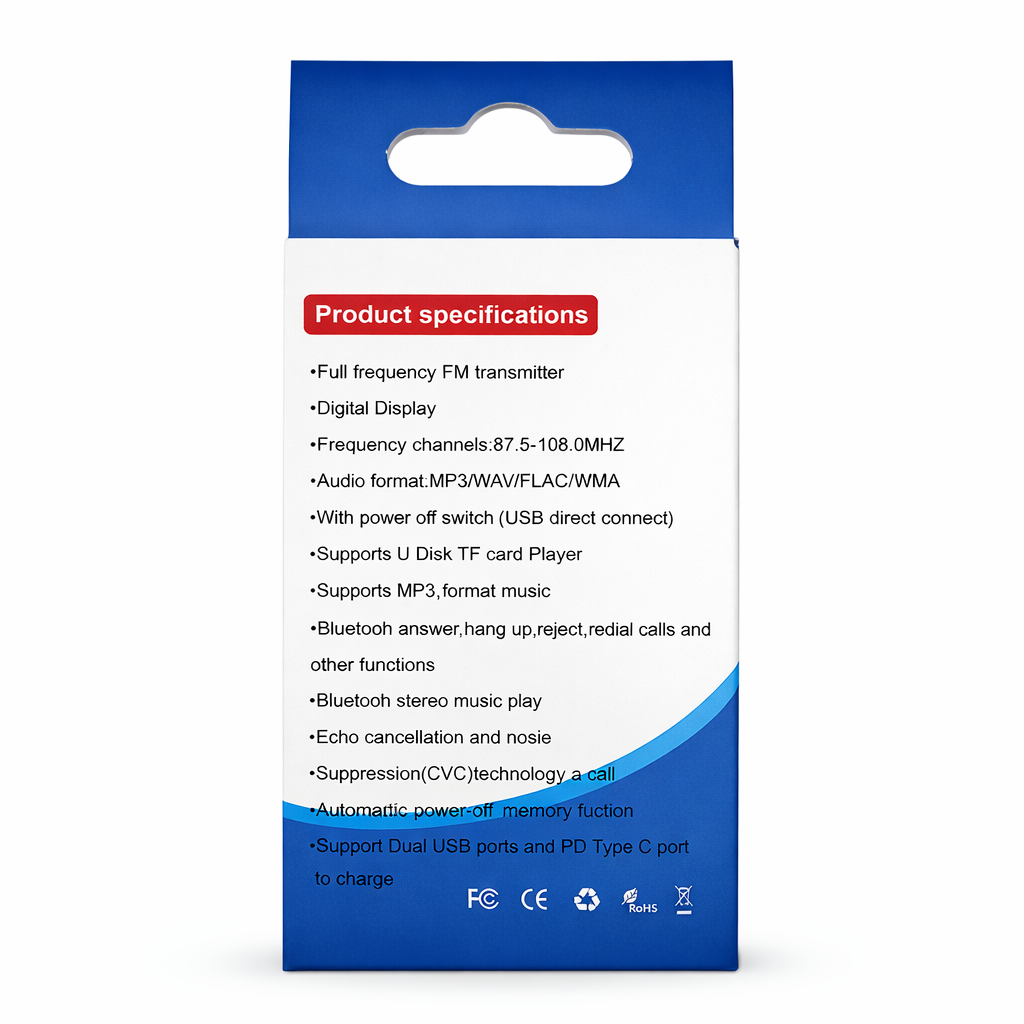 Bluetooth Car FM Transmitter Adapter, Hands-Free, USB Charger, AUX Audio